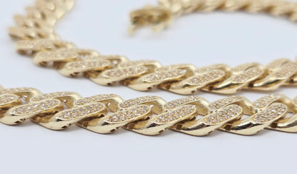 Large 14K Yellow Gold Cuban Link CZ Chain Necklace