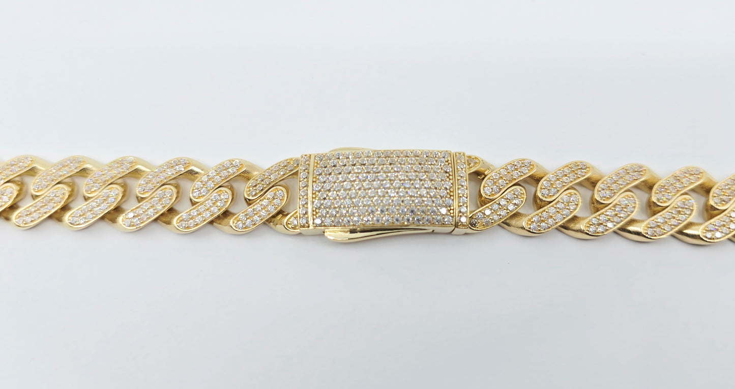 Large 14K Yellow Gold Cuban Link CZ Chain Necklace