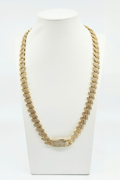 Large 14K Yellow Gold Cuban Link CZ Chain Necklace