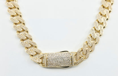 Large 14K Yellow Gold Cuban Link CZ Chain Necklace