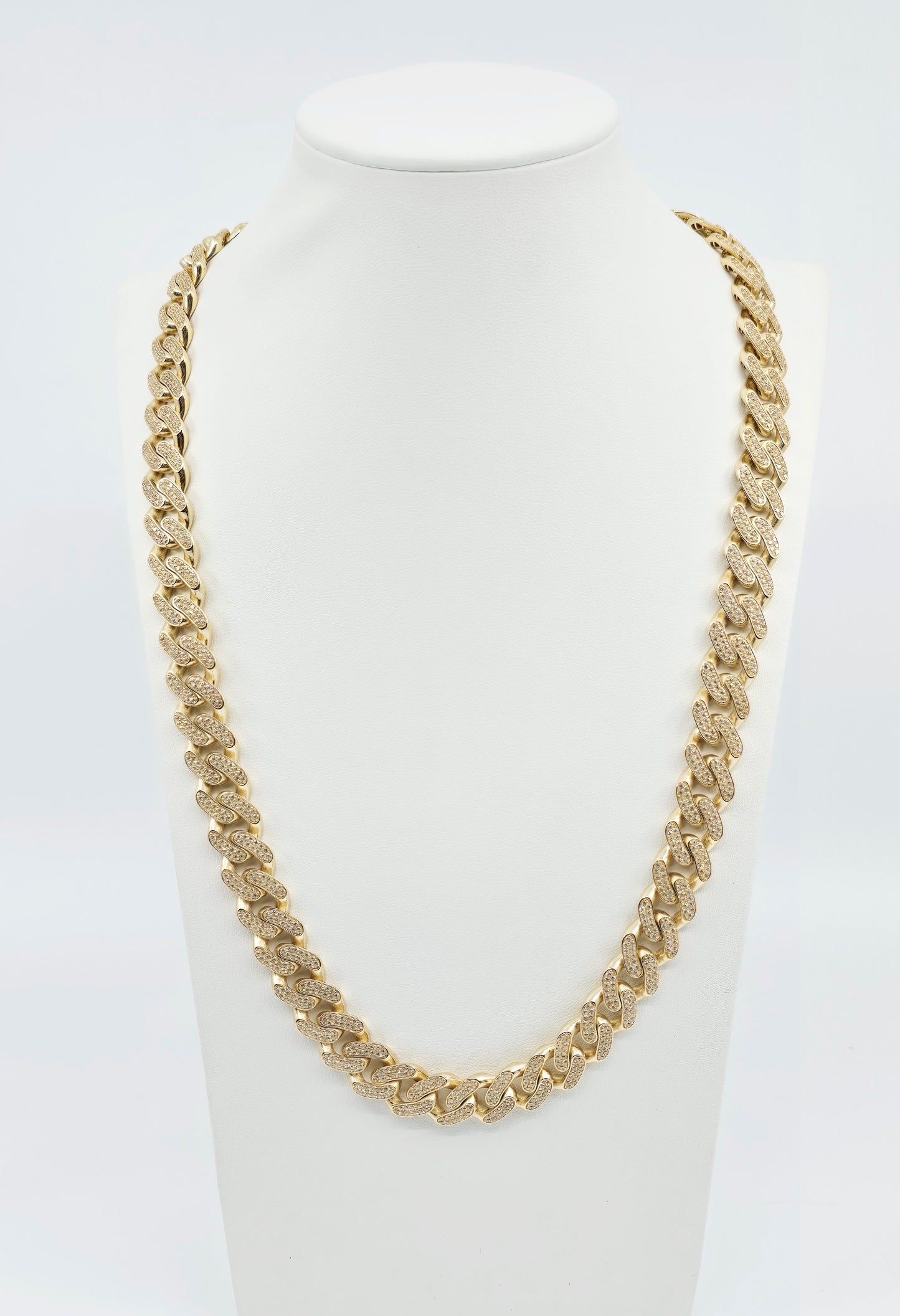 Large 14K Yellow Gold Cuban Link CZ Chain Necklace