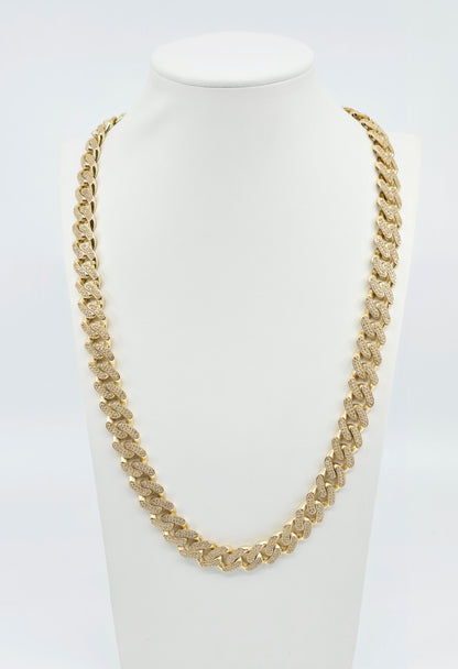 Large 14K Yellow Gold Cuban Link CZ Chain Necklace