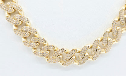 Large 14K Yellow Gold Cuban Link CZ Chain Necklace