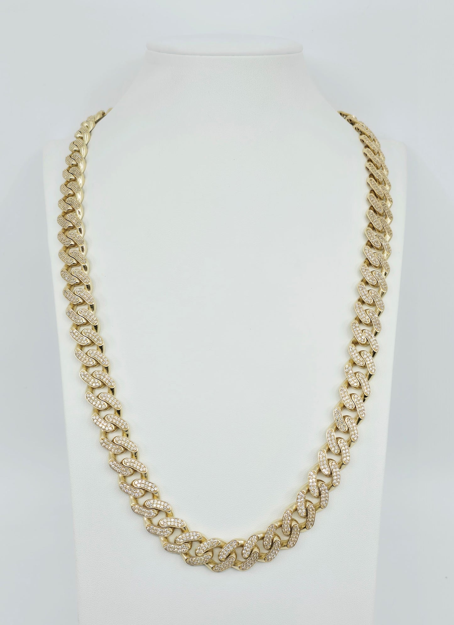 Large 14K Yellow Gold Cuban Link CZ Chain Necklace