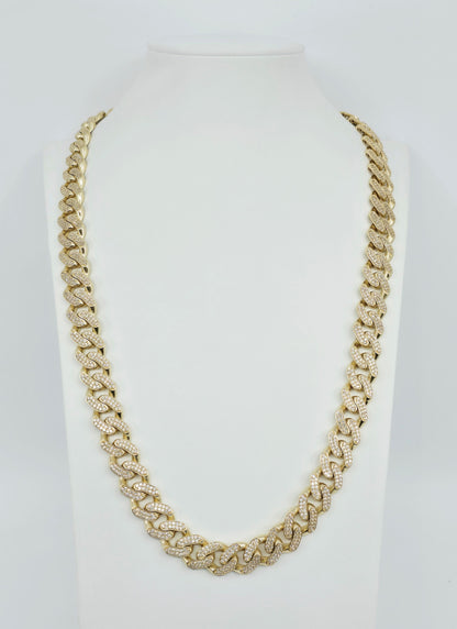 Large 14K Yellow Gold Cuban Link CZ Chain Necklace