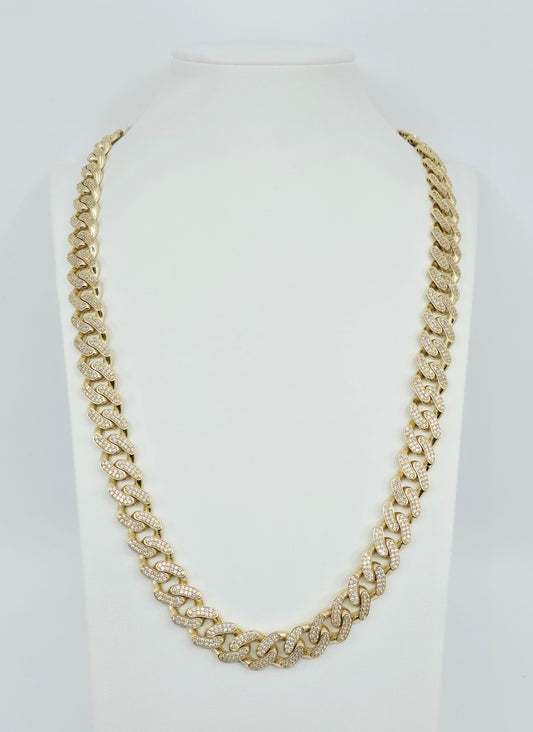 Large 14K Yellow Gold Cuban Link CZ Chain Necklace