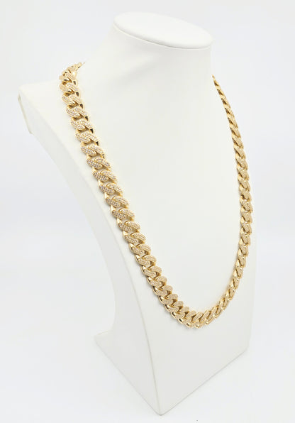 Large 14K Yellow Gold Cuban Link CZ Chain Necklace