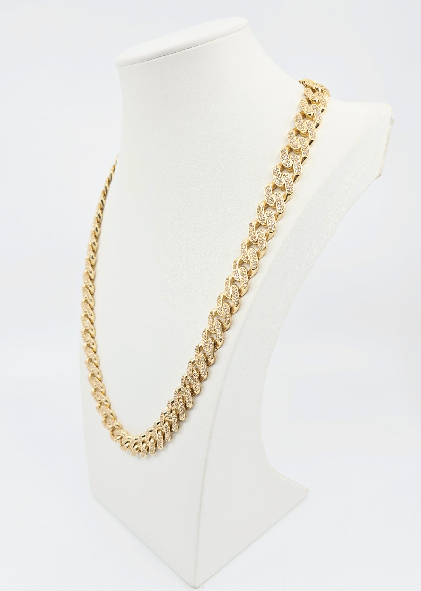 Large 14K Yellow Gold Cuban Link CZ Chain Necklace
