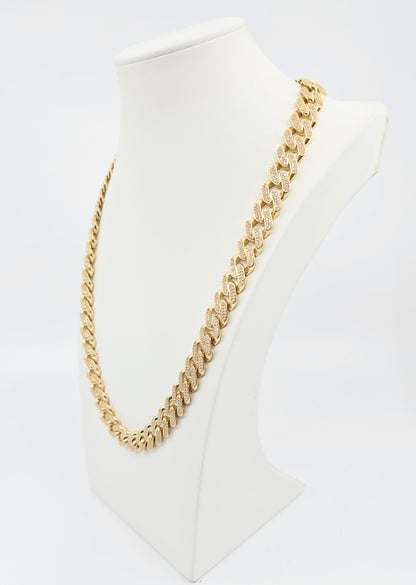 Large 14K Yellow Gold Cuban Link CZ Chain Necklace
