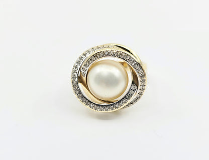 14K Yellow Gold Pearl & Diamond Knot Swirl Ring