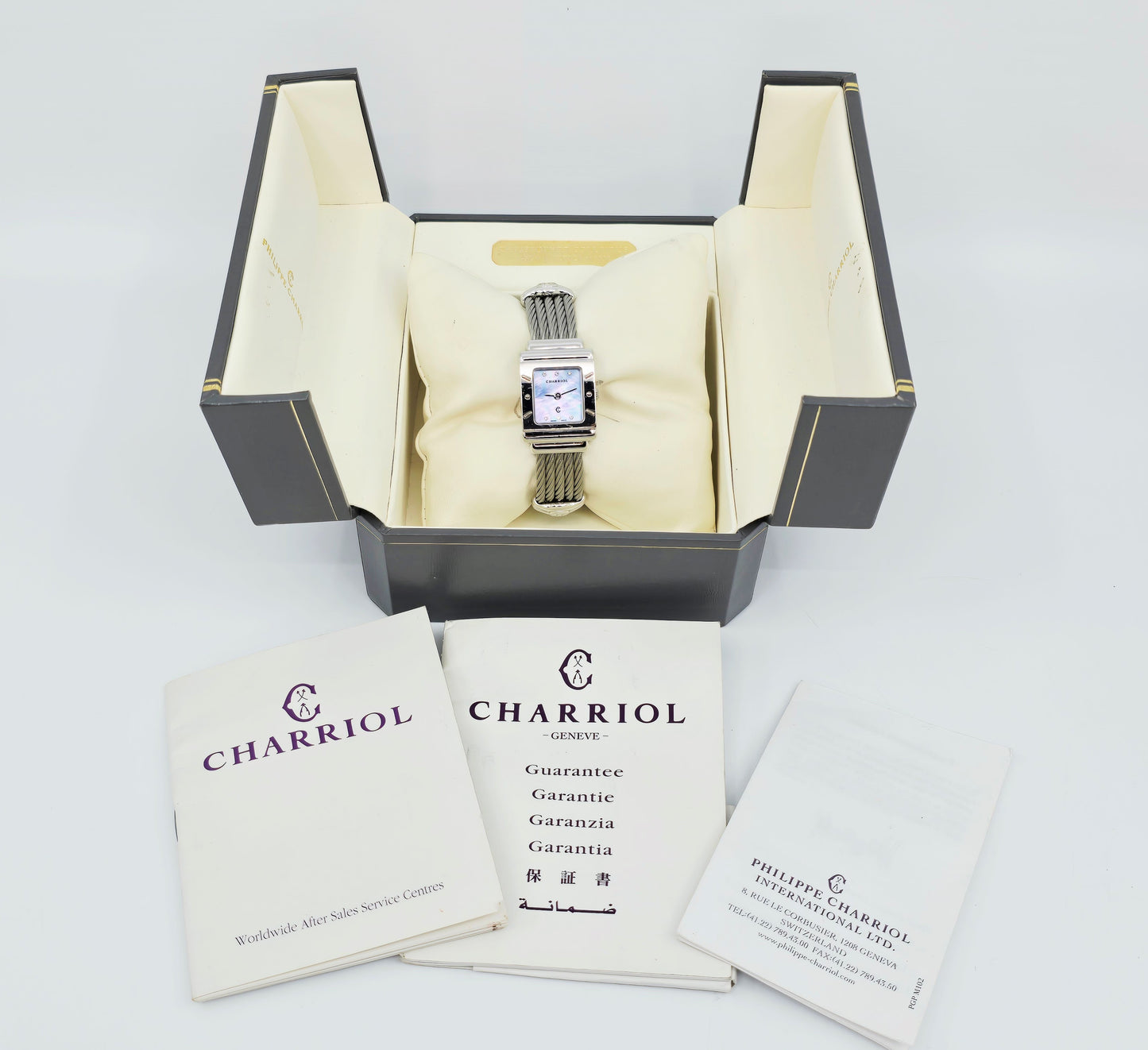 Philippe Charriol Columbus 925 Silver Watch Cable Bracelet MOP Diamond Dial