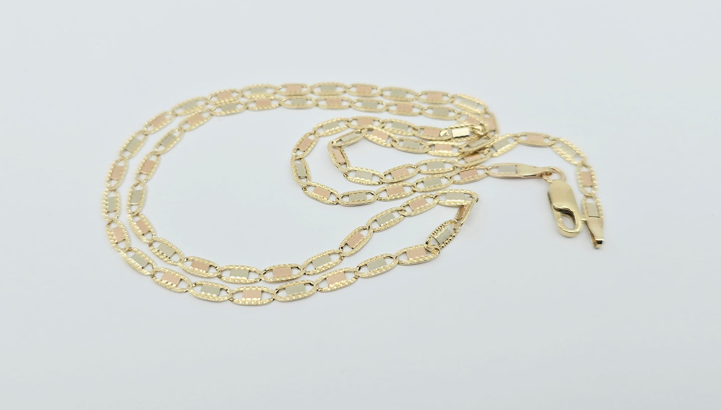 10K Tri Tone Gold Diamond Cut Valentino Link Chain Necklace