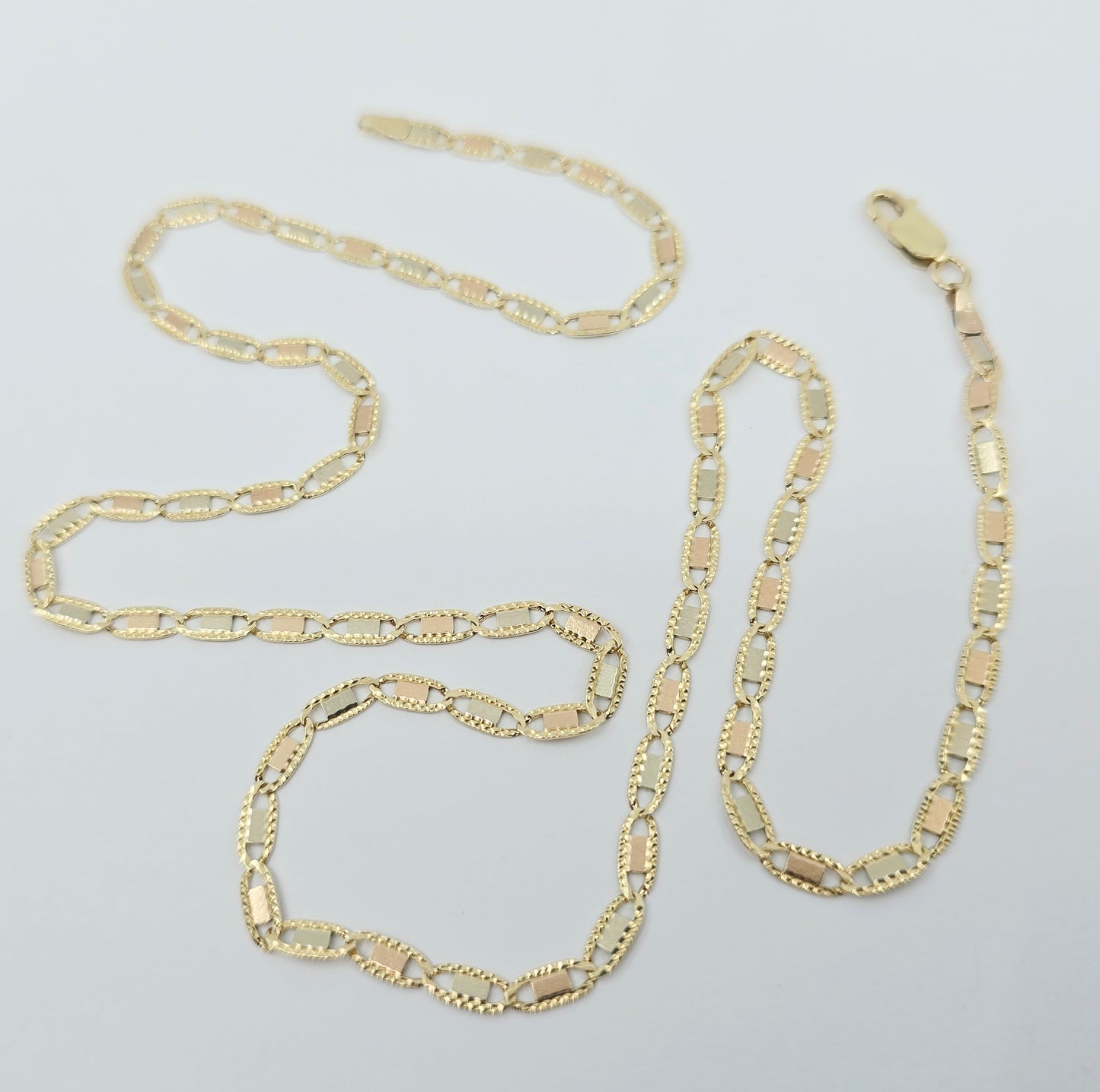 10K Tri Tone Gold Diamond Cut Valentino Link Chain Necklace