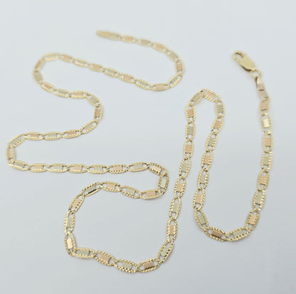 10K Tri Tone Gold Diamond Cut Valentino Link Chain Necklace