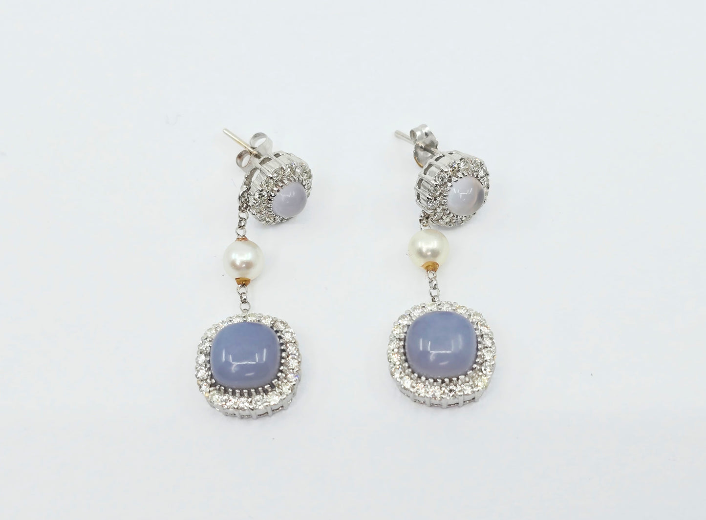 18K White Gold Drop Dangle Blue Chalcedony, Diamond & Pearl Stud Earrings