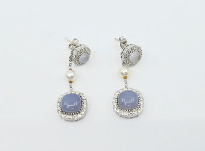 18K White Gold Drop Dangle Blue Chalcedony, Diamond & Pearl Stud Earrings