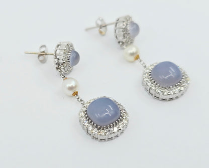 18K White Gold Drop Dangle Blue Chalcedony, Diamond & Pearl Stud Earrings