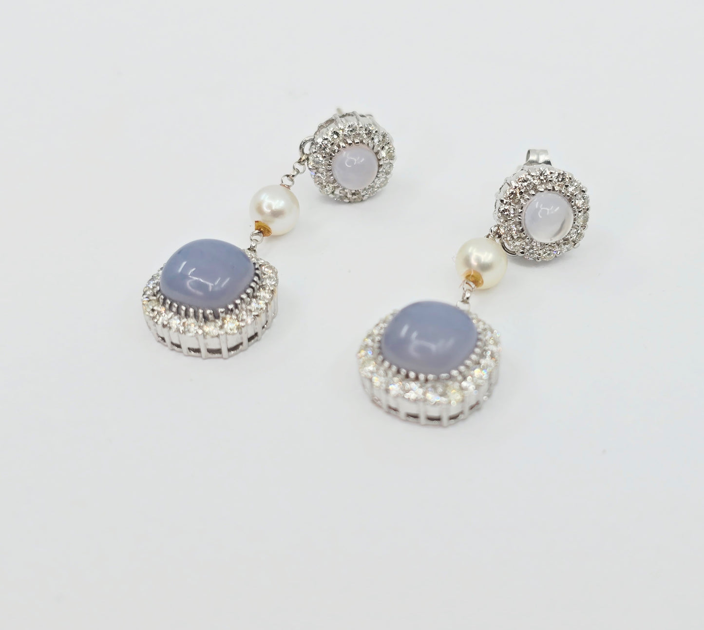 18K White Gold Drop Dangle Blue Chalcedony, Diamond & Pearl Stud Earrings