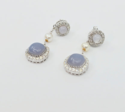 18K White Gold Drop Dangle Blue Chalcedony, Diamond & Pearl Stud Earrings