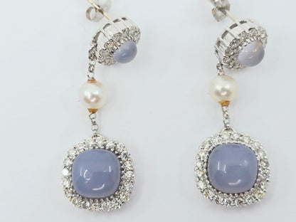 18K White Gold Drop Dangle Blue Chalcedony, Diamond & Pearl Stud Earrings