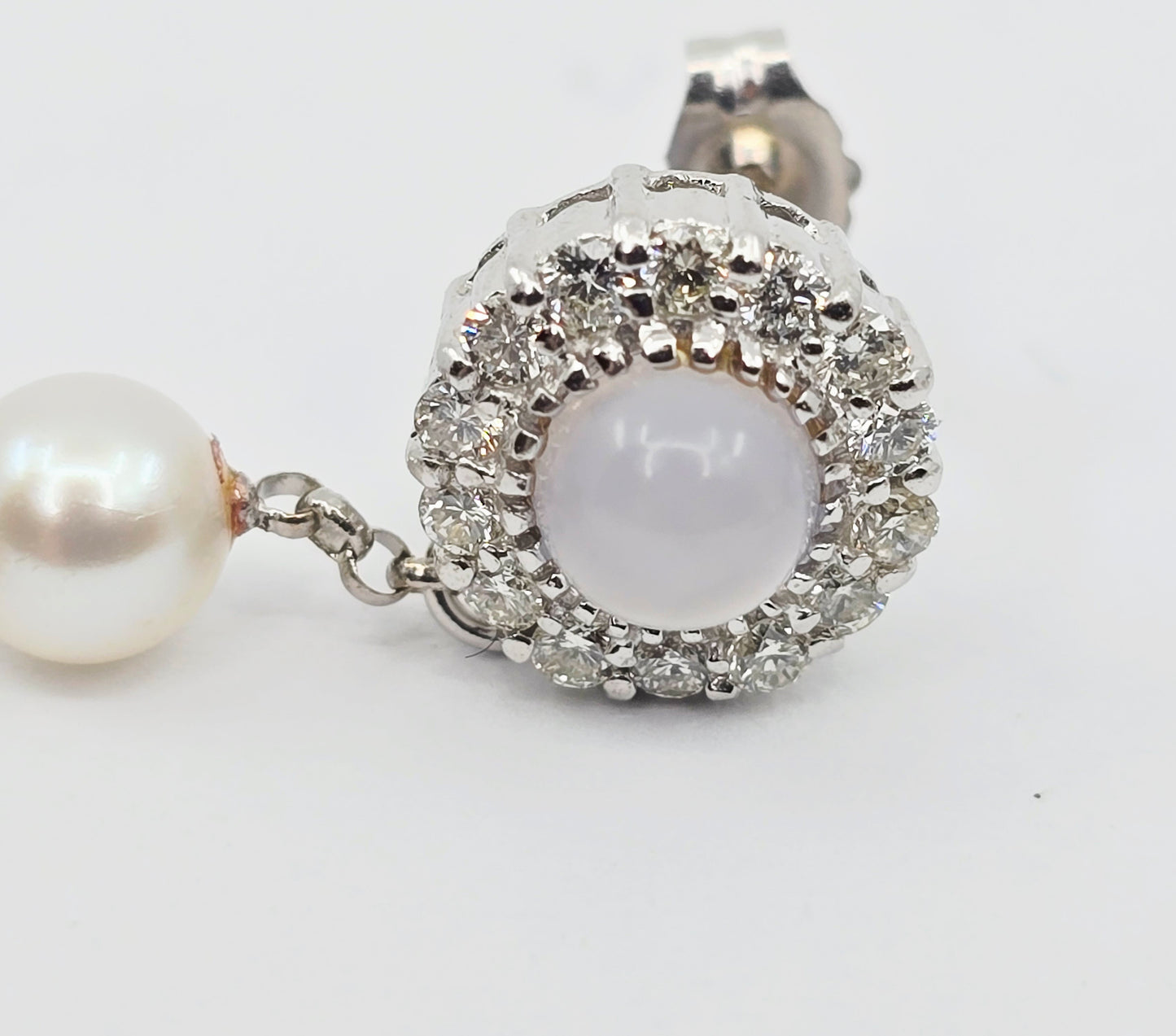 18K White Gold Drop Dangle Blue Chalcedony, Diamond & Pearl Stud Earrings