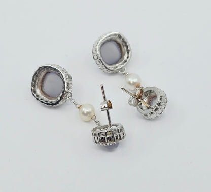 18K White Gold Drop Dangle Blue Chalcedony, Diamond & Pearl Stud Earrings