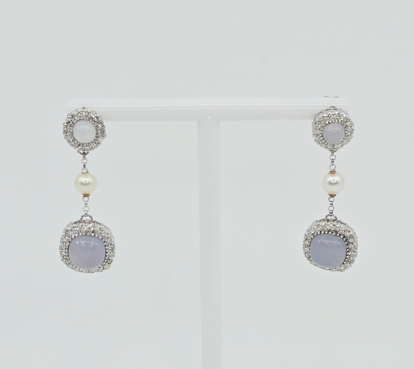 18K White Gold Drop Dangle Blue Chalcedony, Diamond & Pearl Stud Earrings