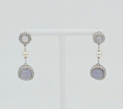 18K White Gold Drop Dangle Blue Chalcedony, Diamond & Pearl Stud Earrings