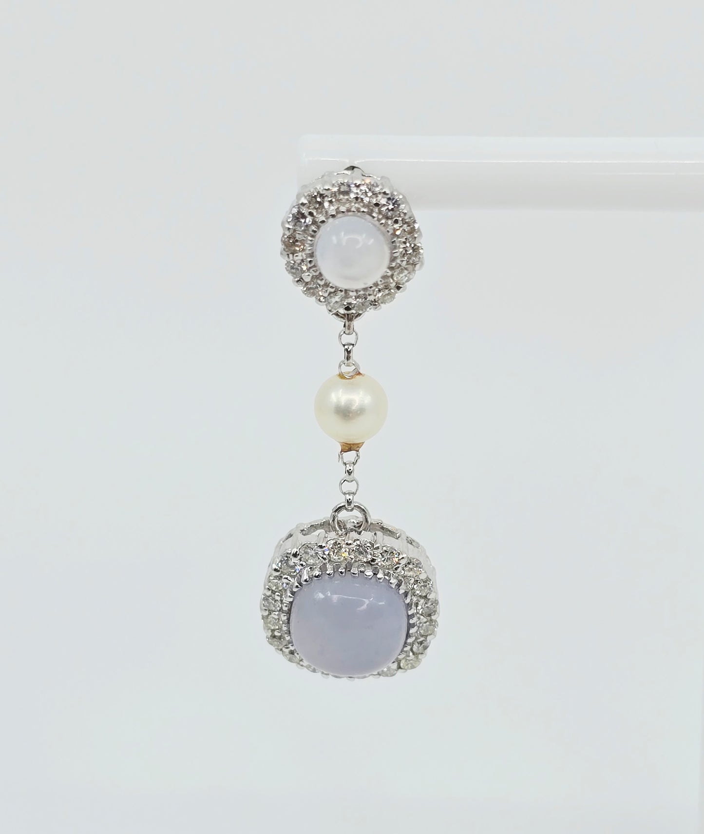 18K White Gold Drop Dangle Blue Chalcedony, Diamond & Pearl Stud Earrings