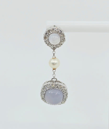 18K White Gold Drop Dangle Blue Chalcedony, Diamond & Pearl Stud Earrings