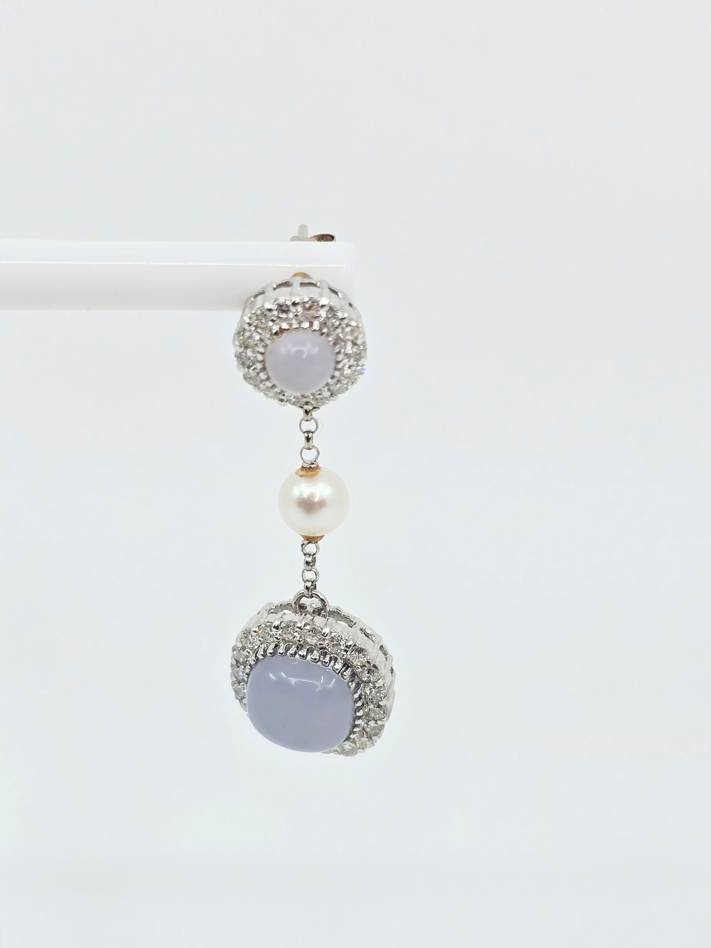 18K White Gold Drop Dangle Blue Chalcedony, Diamond & Pearl Stud Earrings