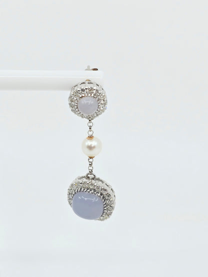 18K White Gold Drop Dangle Blue Chalcedony, Diamond & Pearl Stud Earrings