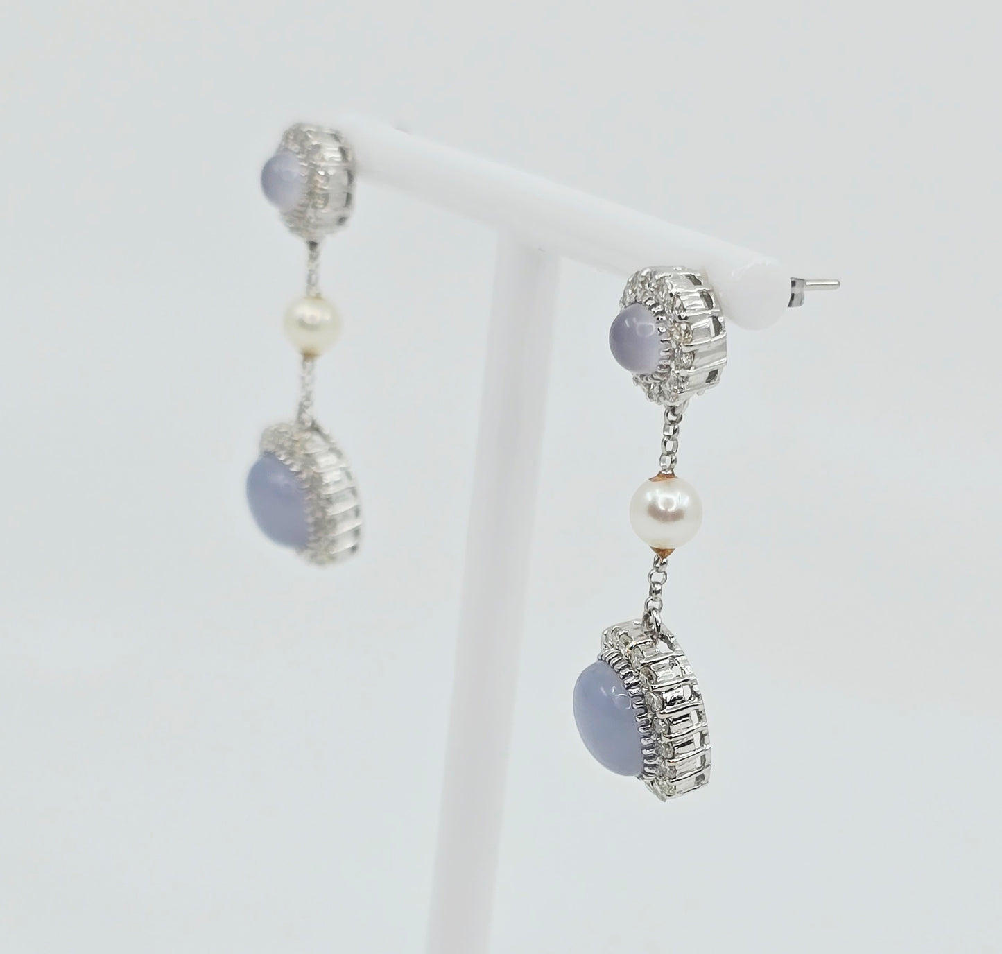 18K White Gold Drop Dangle Blue Chalcedony, Diamond & Pearl Stud Earrings
