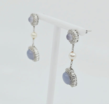 18K White Gold Drop Dangle Blue Chalcedony, Diamond & Pearl Stud Earrings