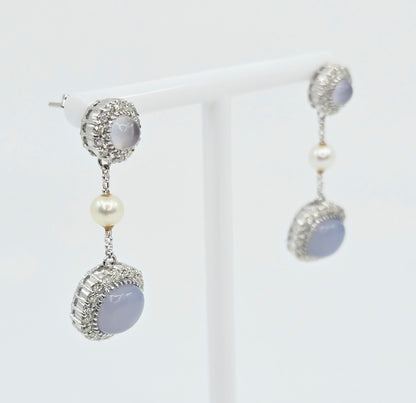 18K White Gold Drop Dangle Blue Chalcedony, Diamond & Pearl Stud Earrings