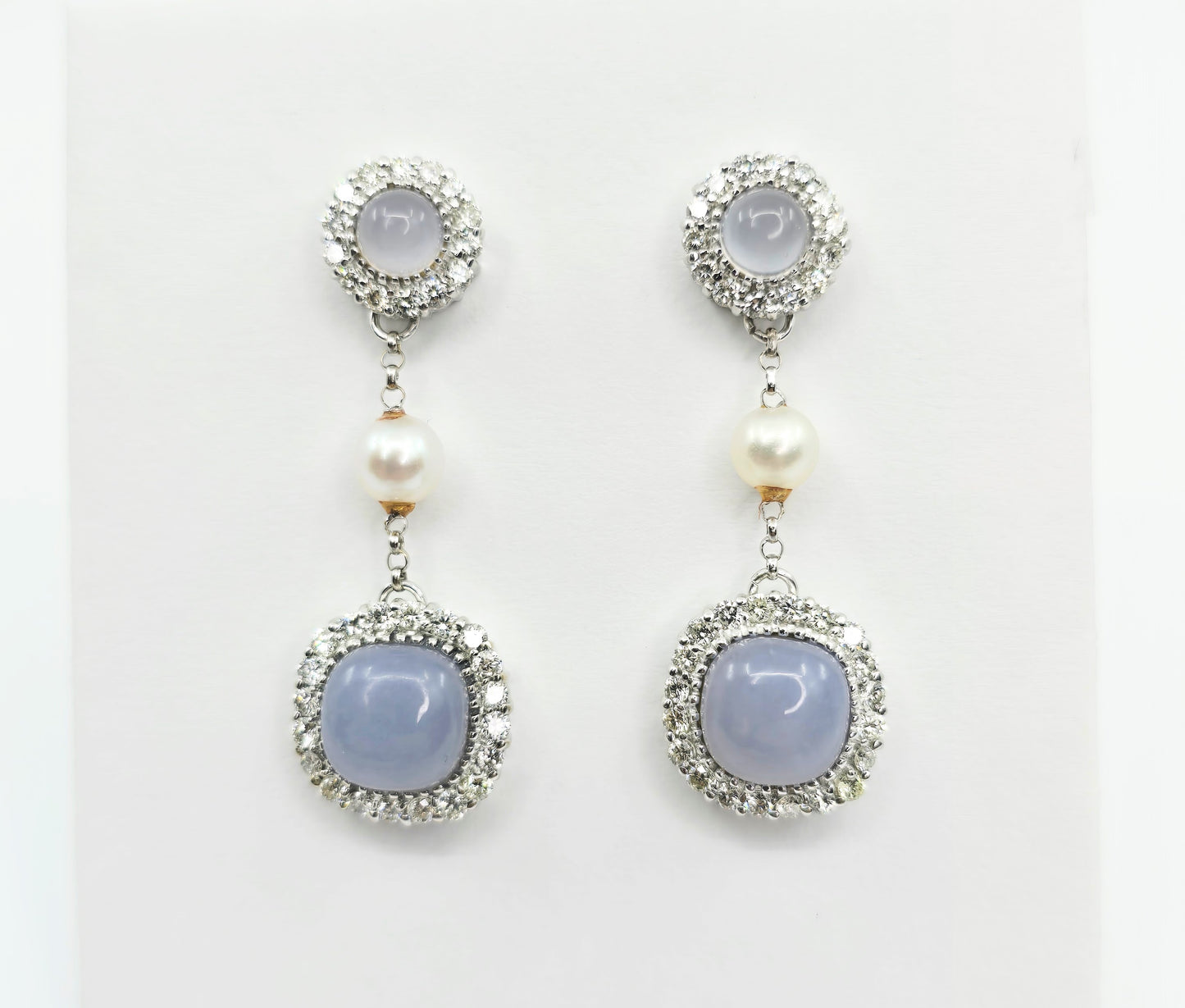 18K White Gold Drop Dangle Blue Chalcedony, Diamond & Pearl Stud Earrings