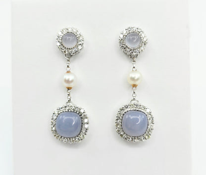 18K White Gold Drop Dangle Blue Chalcedony, Diamond & Pearl Stud Earrings