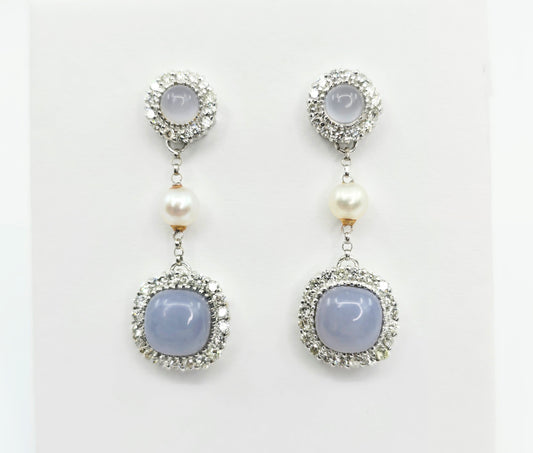 18K White Gold Drop Dangle Blue Chalcedony, Diamond & Pearl Stud Earrings