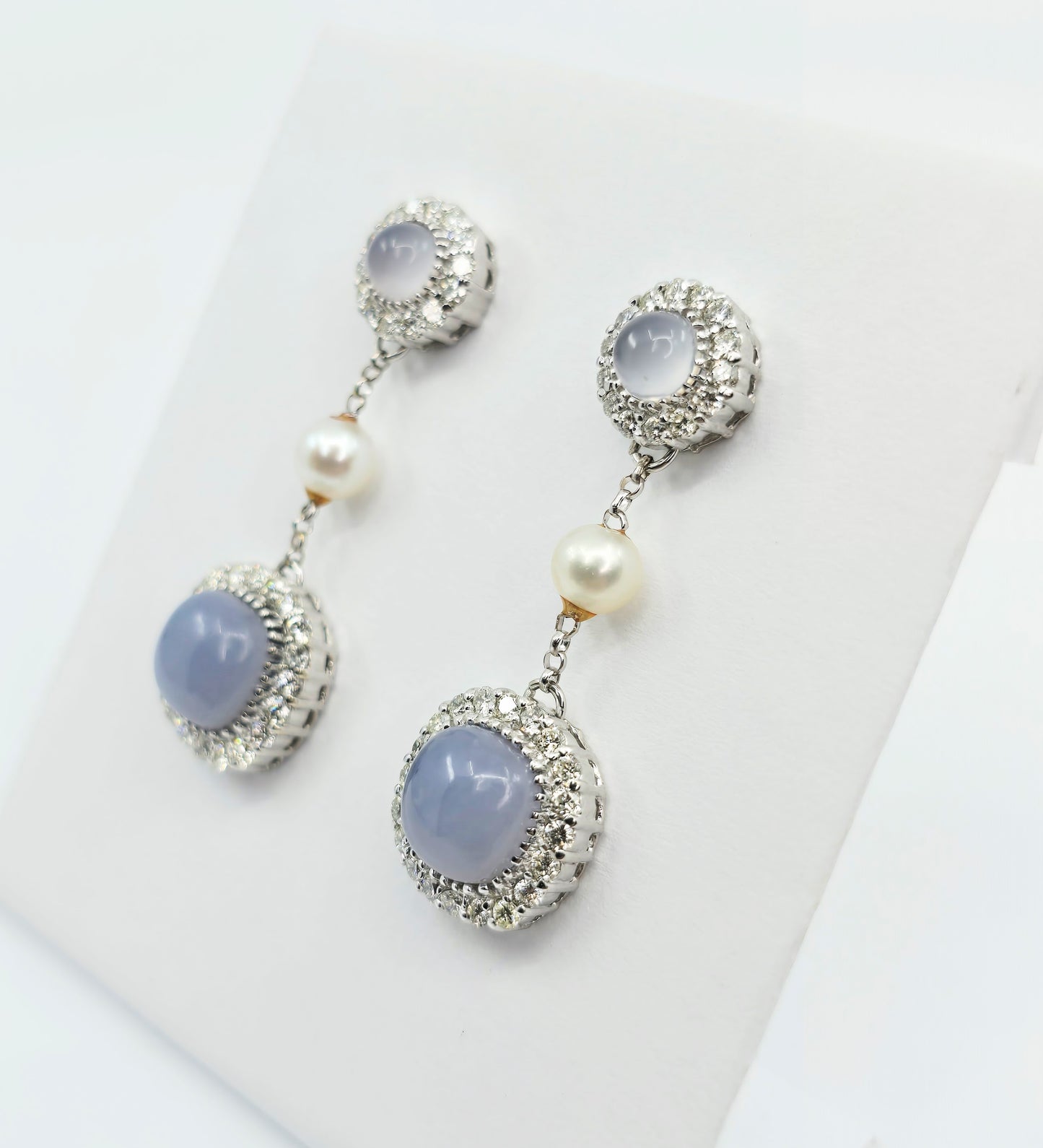 18K White Gold Drop Dangle Blue Chalcedony, Diamond & Pearl Stud Earrings