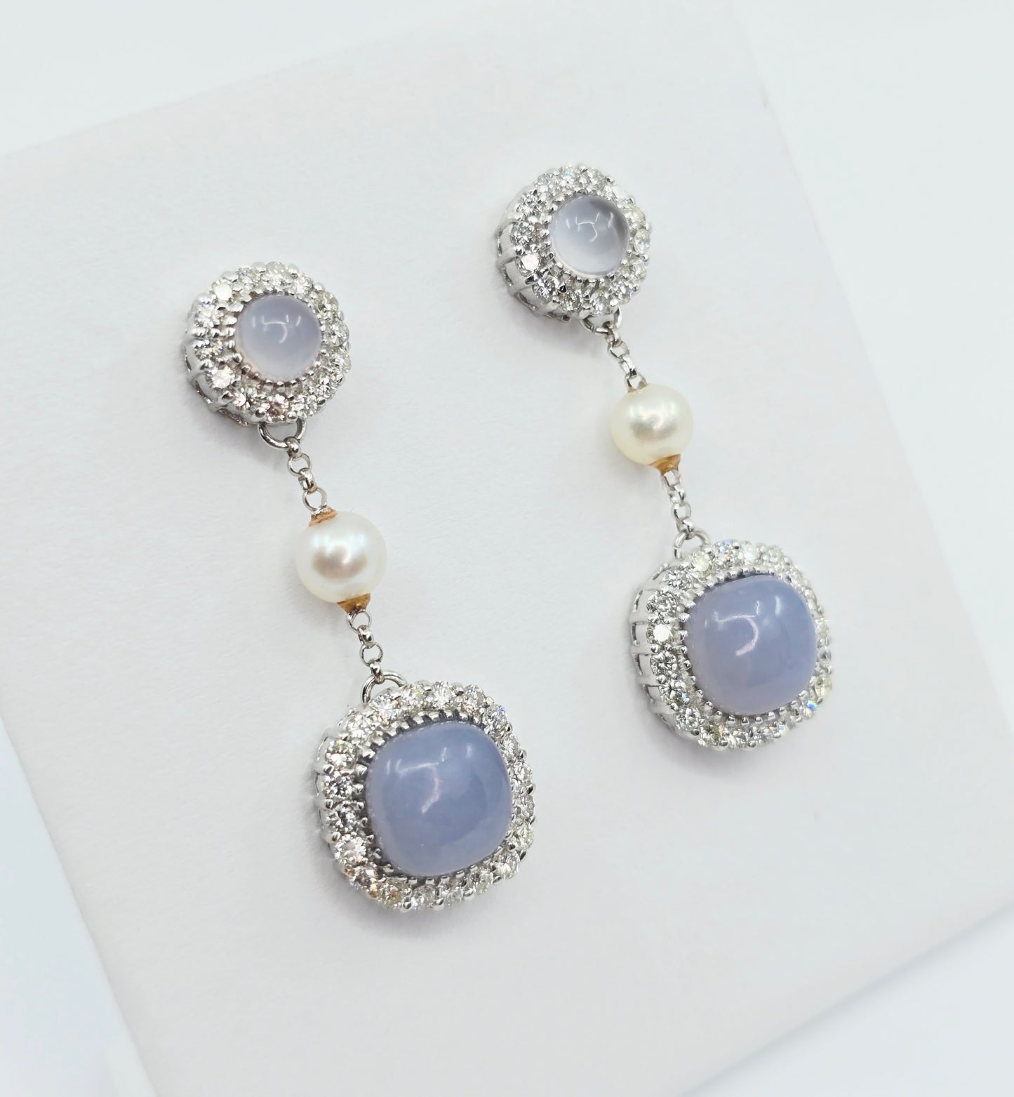 18K White Gold Drop Dangle Blue Chalcedony, Diamond & Pearl Stud Earrings