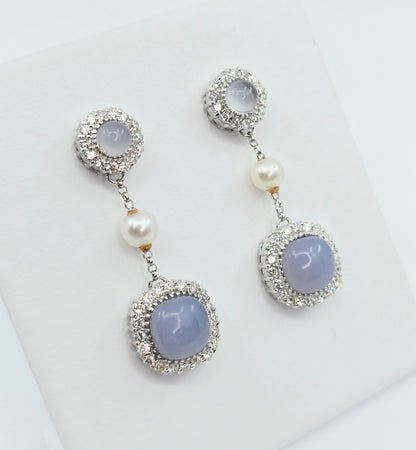 18K White Gold Drop Dangle Blue Chalcedony, Diamond & Pearl Stud Earrings