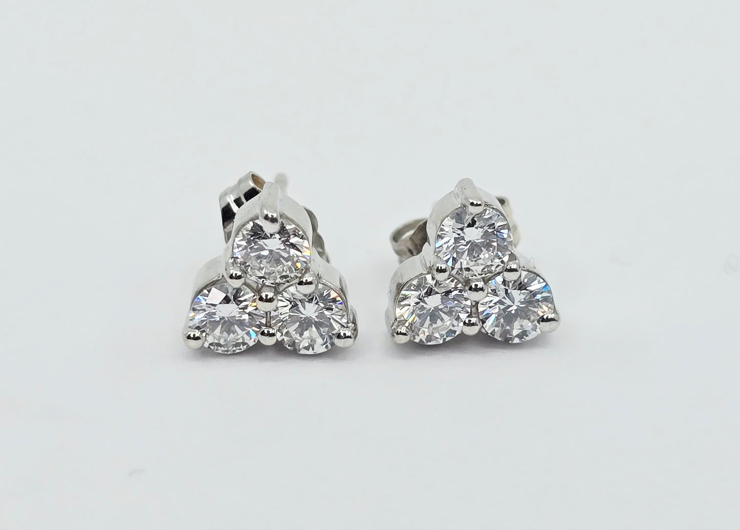 14K White Gold Three Stone Cluster Diamond Stud Earrings