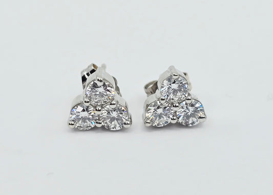 14K White Gold Three Stone Cluster Diamond Stud Earrings
