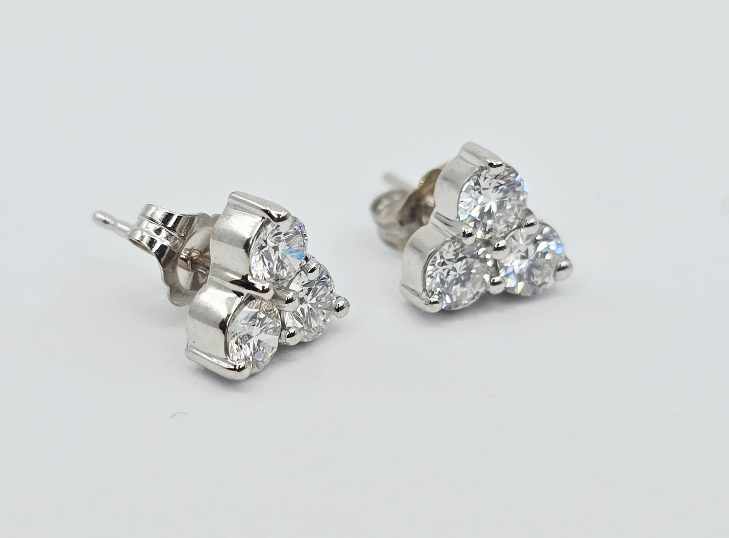 14K White Gold Three Stone Cluster Diamond Stud Earrings