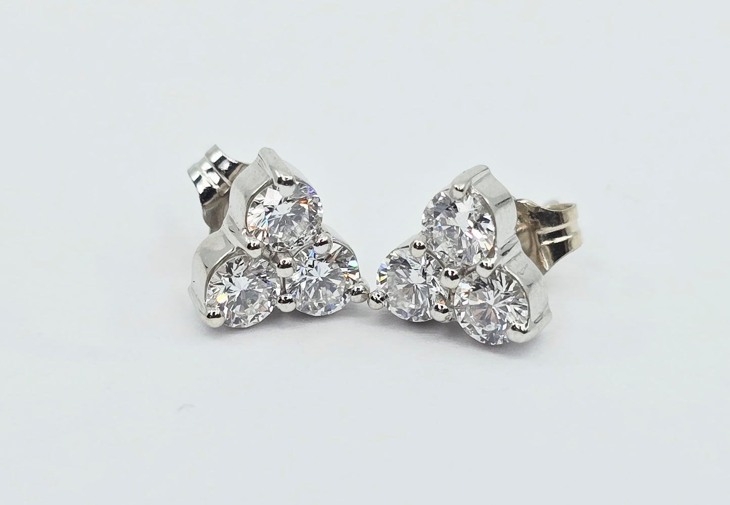14K White Gold Three Stone Cluster Diamond Stud Earrings