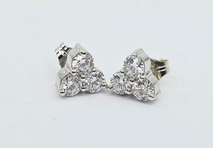 14K White Gold Three Stone Cluster Diamond Stud Earrings