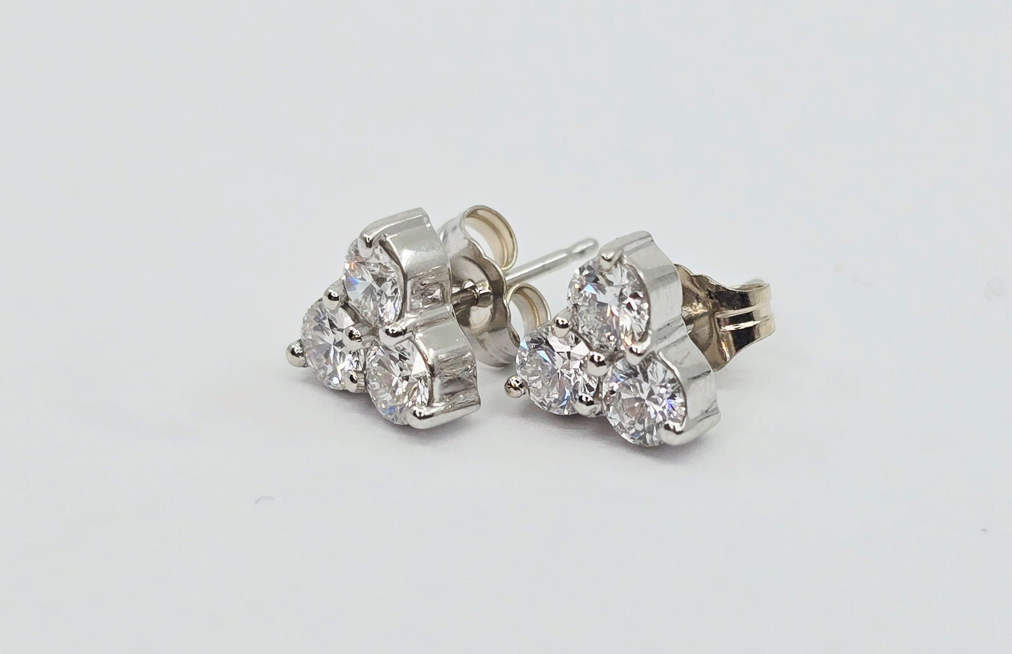 14K White Gold Three Stone Cluster Diamond Stud Earrings
