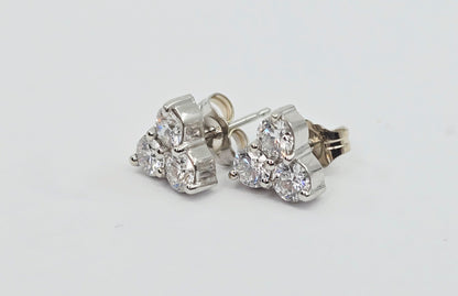 14K White Gold Three Stone Cluster Diamond Stud Earrings