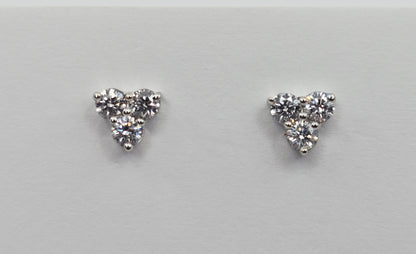 14K White Gold Three Stone Cluster Diamond Stud Earrings