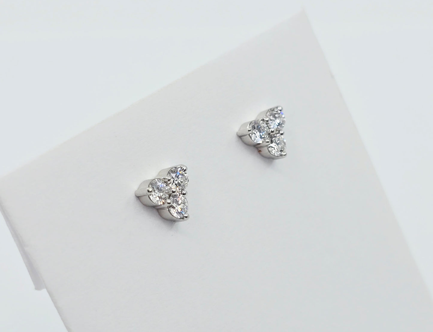 14K White Gold Three Stone Cluster Diamond Stud Earrings